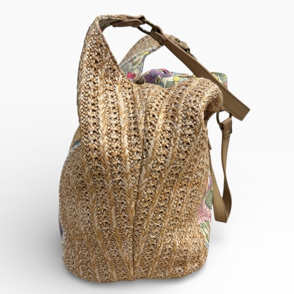 Sakroots Roma Straw Shopper Tote Floral Print Canvas Leather Trim Bag - Picture 5 of 7